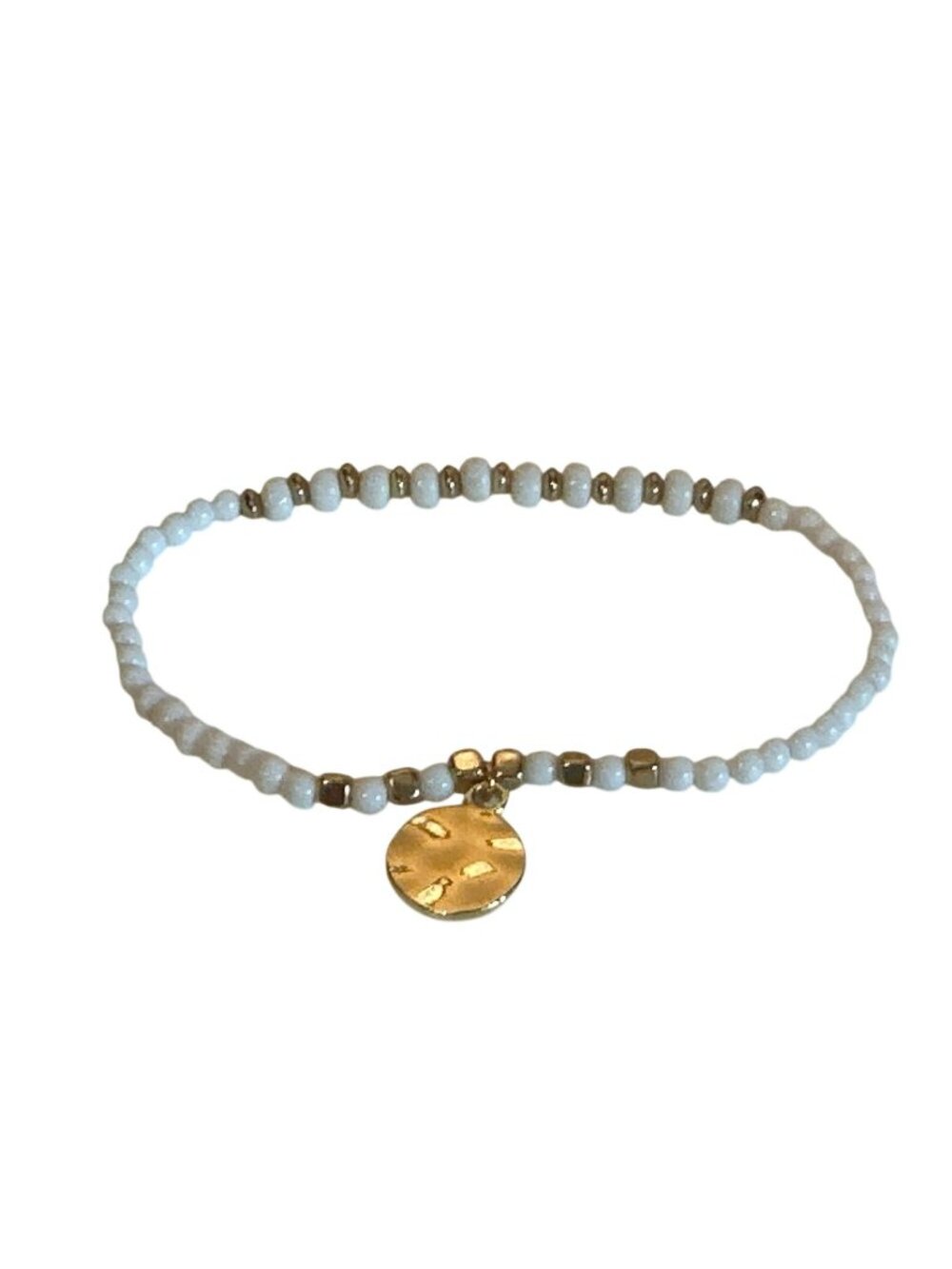 Beaded Stretch Bracelet Gold Disc Charm White & Gold Minimalist Stackable